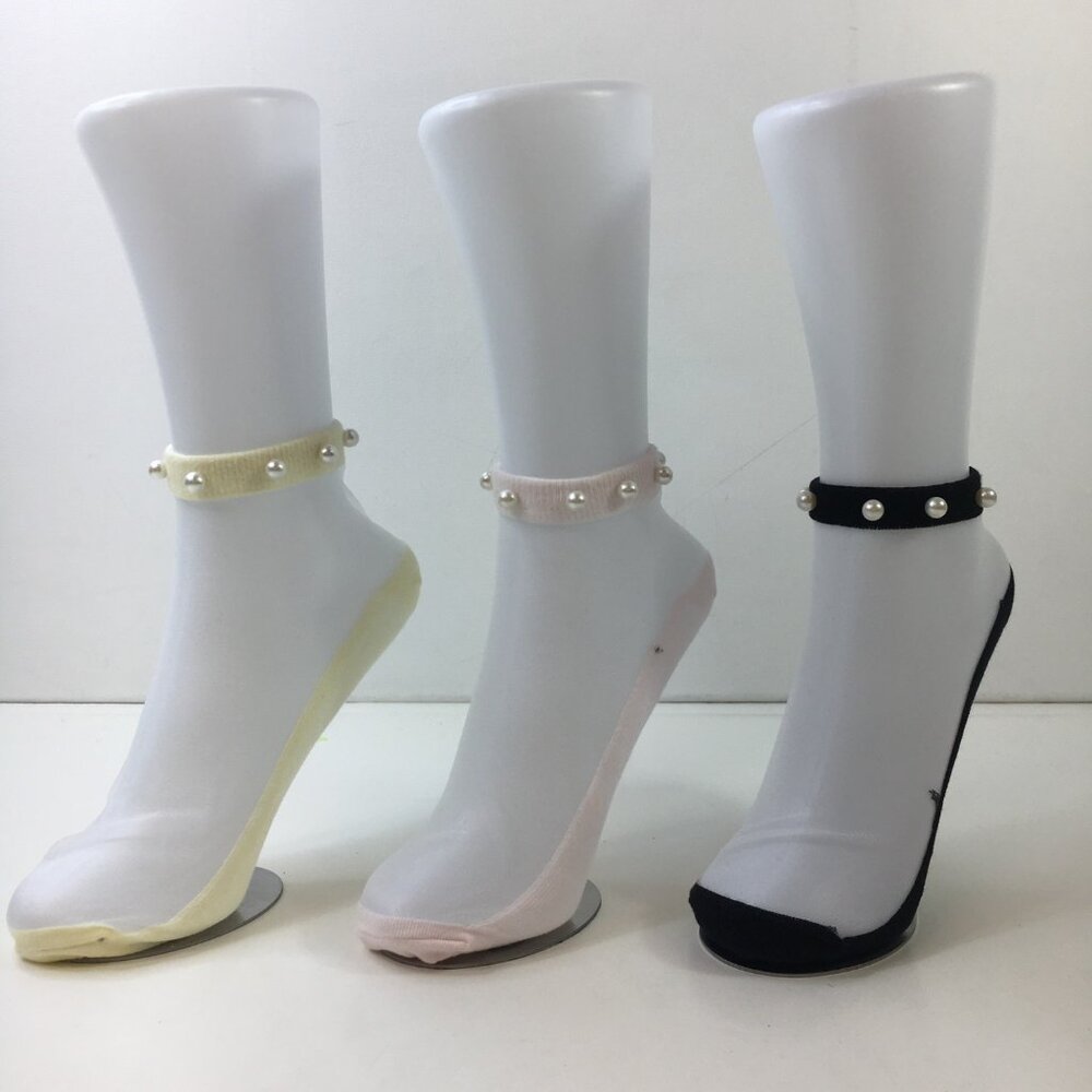 Womens Sheer Mesh Pearl Trimmed Ankle Socks 3 Pack Yellow Pink Black